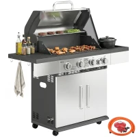 Outsunny 4+1 Burner Gas BBQ Grill, Portable Gas Barbecue Grill with Side Burner, Warming Rack, Side Shelf, Storage Cabinet(m-10)