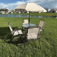 Outsunny Garden Patio Texteline Folding Chairs Plus Table and Parasol Furniture Bistro Set 6 Pieces - Beige(m-24)