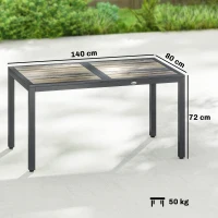 Outsunny Mesa de jardín para 4 a 6 personas, mesa de comedor exterior con tablero efecto madera, 140 x 80 x 72 cm, gris oscuro(m-3)