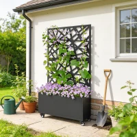 Outsunny Canteiro com Painel de Privacidade com Rodas e Treliça 90 x 30 x 160 cm Metal Preto(m-5)