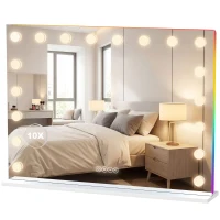 HOMCOM Miroir maquillage Hollywood 18 ampoules LED, 3 couleurs d'éclairage, lumière RGB, haut-parleur Bluetooth, blanc(m-1)
