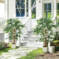 HOMCOM Planta Artificial de Baniano Verde em PEVA e Madeira com Vaso em PP e Cimento, 55x55x120 cm(m-4)