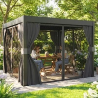 Outsunny 3 x 3 m Louvered Pergola with Adjustable Metal Louvred Roof, Aluminium Patio Gazebo with Netting and Curtains, Dark Grey(m-8)