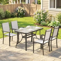Outsunny Set da Giardino 5pz con 4 Sedie Impilabili e Tavolo in Vetro Temperato con Foro per Ombrellone, Grigio Chiaro(m-2)