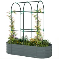Outsunny Galvanised Raised Garden Bed with Arched Trellis, 4 x 2 x 4.6ft Metal Raised Bed for Garden with Open Bottom, Dark Grey(m-11)