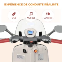 HOMCOM Vespa Scooter Moto électrique Enfants 6 V dim. 108L x 49l x 75H cm Musique klaxon 2 roues auxiliaires, 3-6 ans, Blanc(m-5)
