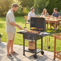 Outsunny Barbecue au charbon avec bac à charbon réglable, chariot grill de jardin fumoir avec tablettes latérales et thermomètre(m-10)