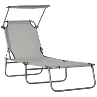 Outsunny Outdoor Foldable Sun Lounger, 4 Level Adjustable Backrest Reclining Sun Lounger Chair with Angle Adjust Sun Shade Awning for Beach, Garden, Patio, Light Grey(m-20)