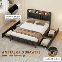 HOMCOM Cadre de lit 140 x 190 cm avec sommier à lattes en métal, lit double rembourré avec 4 tiroirs et étagère, noir(m-6)