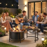 Outsunny Fire Bowl 66 x 63 x 41 cm Round Fire Pit with Grill Grate, Fire Poker, Lid, Stand Black(m-5)