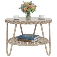 Outsunny Table d'appoint en polyrattan 2 niveaux avec rangement, plateau en verre, pieds réglables 65 x 65 x 50 cm Jaune(m-6)