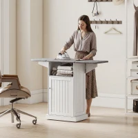 HOMCOM Mueble Tabla de Planchar Plegable con Ruedas con Estante Abierto y Armario, 121x37x89 cm, Blanco y Gris(m-4)
