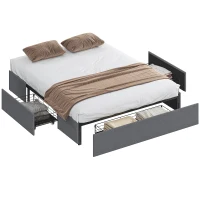 HOMCOM Cama King Size 165 cm, Tapizada en Tejido, Lamas, 3 Cajones, Silenciosa, Gris(m-5)