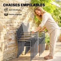 Outsunny Salon de Jardin Ensemble Mobilier de Jardin 7 Pièces Table Effet Bois 6 Chaises Empilables en Textilène 140x80x72cm Gris(m-5)