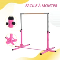 HOMCOM Barre fixe de gymnastique pour enfant, hauteur réglable 13 niveaux de 92-150 cm, en acier et bois en hêtre, barre de gym d'entrainement à domicile, antidérapant, facile à assembler, rose(m-7)