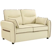 HOMCOM Sofá 2 Lugares em Pele Sintética com Estofamento Espesso, Bolso Lateral e 2 Almofadas, 136x81x90 cm, Bege(m-6)