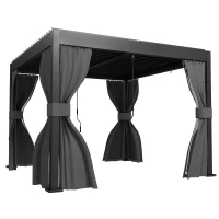 Outsunny 3 x 3 m Louvered Pergola with Adjustable Metal Louvred Roof, Aluminium Patio Gazebo with Netting and Curtains, Dark Grey(m-1)