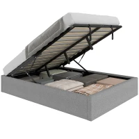 HOMCOM Cama com baú 140 x 190 cm, estrutura de cama de casal estofada, somier com ripas de madeira, arrumação oculta, sem ruído, cinza(m-7)