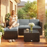 Outsunny 3 Pieces Garden Furniture Set w/ Cushions, PE Rattan Wicker Conversation Corner Sofa Set, Light Grey(m-8)