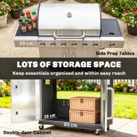 Outsunny Gasbarbecue 18,6 kW 6+1 branders BBQ met thermometer, warmhoudrek, zijtafels en opbergkast(m-7)