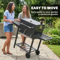 Outsunny Holzkohlegrill auf Rollen mit verstellbarem Grillrost und klappbaren Ablagen, aus Stahl und PP, 133,5x65x110 cm, Schwarz(m-5)