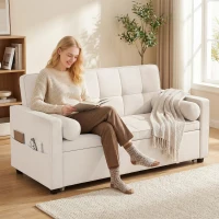 HOMCOM Sofá convertible 2 plazas 3 en 1 sofá-cama con cama nido doble respaldo regulable 2 cojines 80,5x137,5x84cm beige(m-2)