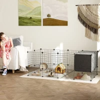 PawHut Cercado para pequenos animais, gaiola modular para coelhos 31 painéis com tocas elevadas, em aço, 140x70x52cm, preto(m-6)