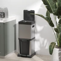 HOMCOM Kosz na śmieci 20+14L z pokrywą, pedałem nożnym, uchylną komorą i wyjmowanymi wewnętrznymi pojemnikami, stal nierdzewna, 32,5 x 31,5 x 78 cm, srebrny(m-8)