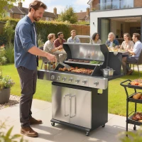 Outsunny Grătar pe gaz 18,6 kW 6+1 arzătoare, cărucior BBQ din oțel inoxidabil cu roți, termometru, raft încălzire, masă laterală, dulap inferior(m-2)