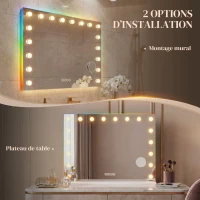 HOMCOM Miroir maquillage Hollywood 18 ampoules LED, 3 couleurs d'éclairage, lumière RGB, haut-parleur Bluetooth, blanc(m-9)