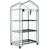 Outsunny Mini invernadero de jardín con 3 estantes, lona de PVC de alta densidad, puerta enrollable 4 ruedas 69 x 49 x 130 cm transparente
