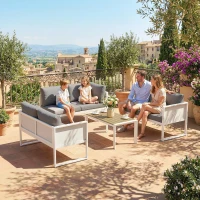 Outsunny 6 Seater Metal Garden Furniture Corner Sofa Set with 3 Loveseats, Faux Wood Table, Texteline Seat, Cushions, White(m-9)