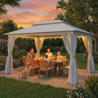Outsunny 3 x 4 m Outdoor Garden Gazebo with Netting and Curtains, UPF50+ Patio Gazebo Permanent Pavilion Canopy, Dark Grey(m-8)