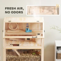 PawHut Gaiola para Hamster em Madeira 3 Andares Gaiola para Roedores com Base Removível Prateleira Roda de Exercício Gangorra Rampa Casinha 80x53x117cm Madeira natural(m-4)