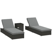 Outsunny Conjunto 2 Espreguiçadeiras de Jardim em Rattan com Mesa Lateral e Encosto Regulável, 184x60x22 cm, Cinza Escuro(m-6)