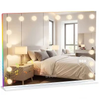 HOMCOM Miroir maquillage Hollywood 18 ampoules LED, 3 couleurs d'éclairage, lumière RGB, haut-parleur Bluetooth, blanc(m-11)
