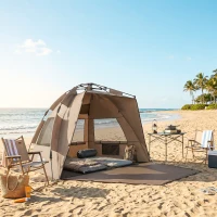 Outsunny 2-3 Person Pop Up Beach Tent, UPF15+ Sun Shelter with Extended Floor, Sandbags, Mesh Windows and Carry Bag, Brown(m-9)
