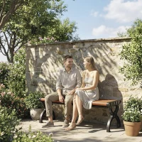 Outsunny Panchina da esterno 2 posti in metallo, 124x39x39 cm, Legno e Nero(m-8)