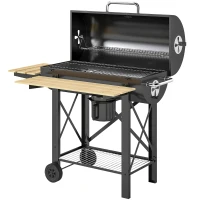 Outsunny Barbecue Charbon de Bois Chariot Grill de Jardin avec Couvercle Fumoir Tablette Pliable en Bois 109 x 71 x 98 cm Noir(m-1)