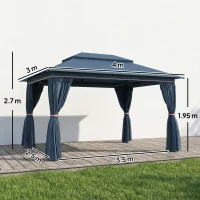 Outsunny 3 x 4 m Outdoor Garden Gazebo with Netting and Curtains, UPF50+ Patio Gazebo Permanent Pavilion Canopy, Dark Blue(m-3)