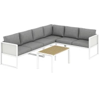 Outsunny 6 Seater Metal Garden Furniture Corner Sofa Set with 3 Loveseats, Faux Wood Table, Texteline Seat, Cushions, White(m-1)