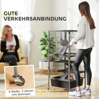 PawHut Kleintierkäfig 4-stöckiger Nagerkäfig mit ausziehbarem Tablett Rampen Hängematte Rollen Plattformen 52x52x115 cm Grau(m-7)