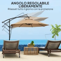 Outsunny Ombrellone Decentrato Ø3 m con Prese d'Aria, Base a Croce e Manovella, in Metallo e Poliestere, Cachi(m-6)