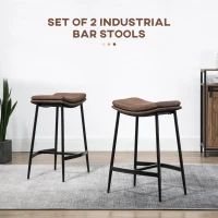 HOMCOM Set 2 Scaune de Bar în Stil Industrial cu Suport pentru Picioare, din Piele Ecologică, 48.5x38.5x68.5 cm, Negru și Maro(m-4)