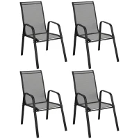 Outsunny Conjunto 4 Cadeiras de Jardim Empilháveis e Compactas com Braços em Metal e Tecido de Rede, Preto(m-6)