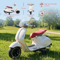 HOMCOM Vespa Scooter Moto électrique Enfants 6 V dim. 108L x 49l x 75H cm Musique klaxon 2 roues auxiliaires, 3-6 ans, Blanc(m-3)
