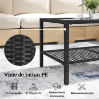 Outsunny Mesa de Centro de Jardim em Ratã com Prateleira e Tampo de Vidro Temperado, Estrutura de Aço, 92x50x45 cm, Preto(m-5)