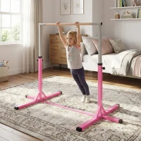 HOMCOM Barre fixe de gymnastique pour enfant, hauteur réglable 13 niveaux de 92-150 cm, en acier et bois en hêtre, barre de gym d'entrainement à domicile, antidérapant, facile à assembler, rose(m-9)