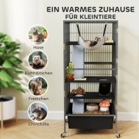 PawHut Kleintierkäfig 4-stöckiger Nagerkäfig mit ausziehbarem Tablett Rampen Hängematte Rollen Plattformen 52x52x115 cm Grau(m-4)