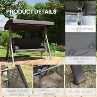 Outsunny 3 Seater Garden Swing Chair Outdoor Hammock Bench w/ Adjustable Canopy, Cushions and Cup Trays, Brown Steel Frame, Dark Grey Fabric(m-5)
